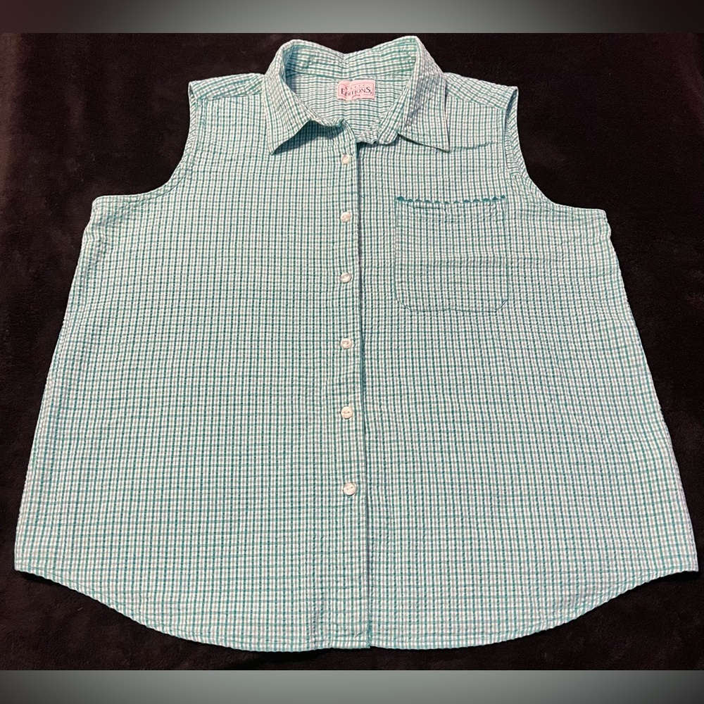 Vtg 90s Sears Basic Editions Green White Gingham Sleeveless Button Up Shirt 2XL